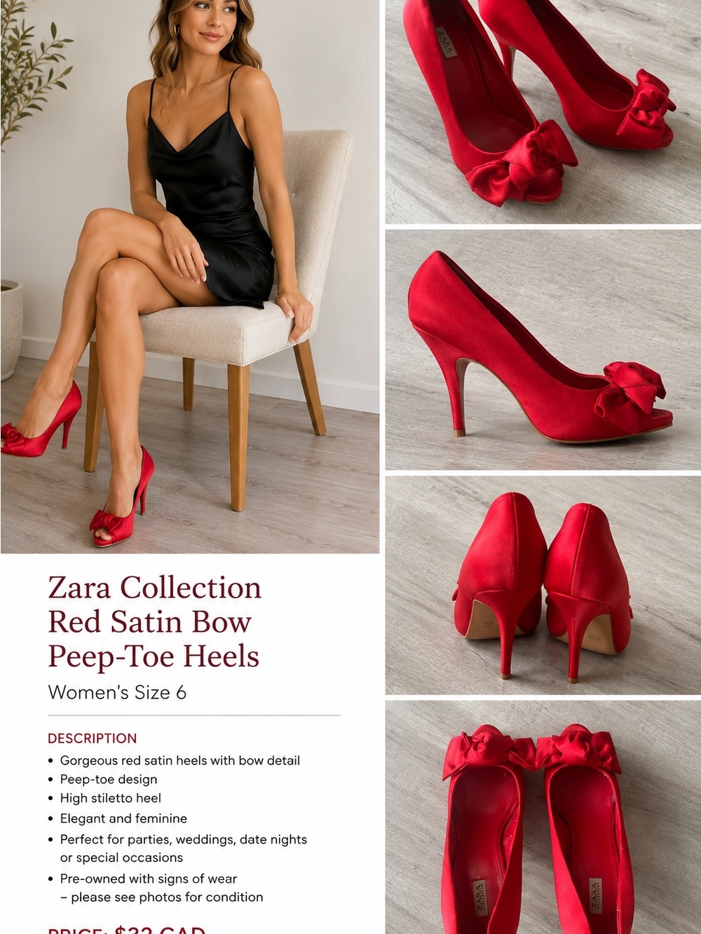 Zara Collection women’s red satin peep-toe pumps, size 6